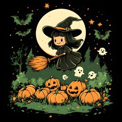 Fototapeta premium Charming witch soaring over a pumpkin patch, playful bats and friendly ghosts accompany her, beneath a crescent moon and sparkling stars in a whimsical night sky