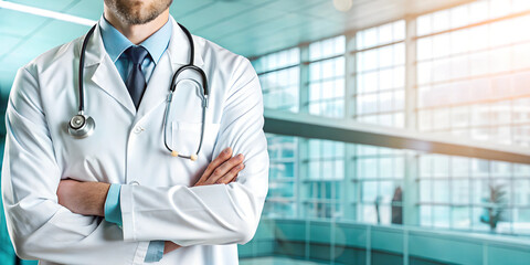 Doctor with Stethoscope in Hospital Setting - Blurry Background Banner Design with Copy Space for Text, Medical Professional, Healthcare, Hospital Scene, Medical Banner.