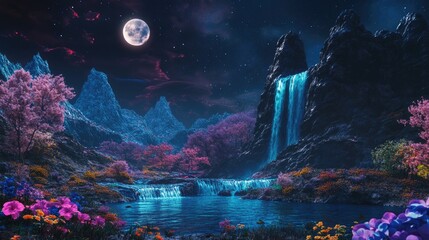 AI-generated 3D hologram of a beautiful landscape featuring mountains, waterfall, ancient tree, moon, and vibrant flowers on a dark backdrop