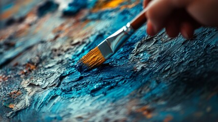 Fototapeta premium Close-up of a hand holding a paintbrush applying blue paint to a canvas.