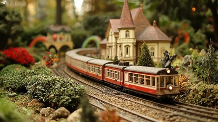 Fototapeta premium Red and white train on rails alongside green forest with red and white blossoms