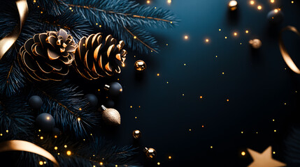 Arrière plan de Noël avec sapin et boules sur fond bleu