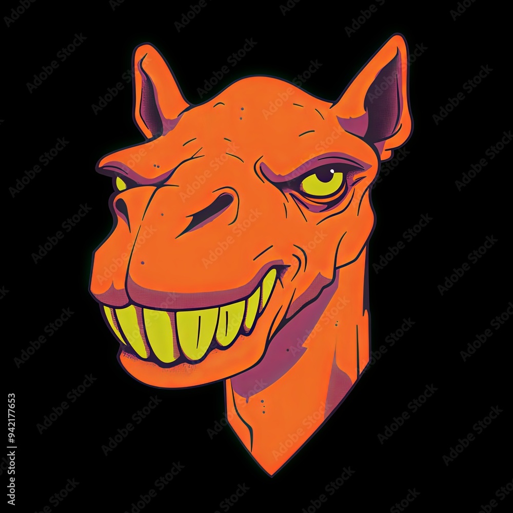 Poster Camel head vector mascot character of a cartoon-style bird with exaggerated features and a vibrant