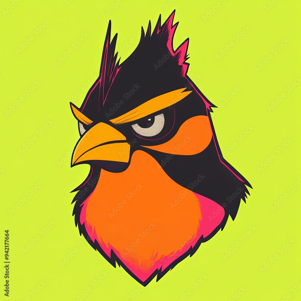 Poster Cardinal character vector mascot character of a cartoon-style bird with exaggerated features and a vibrant