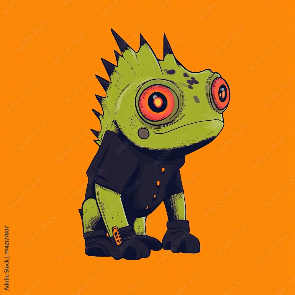 Poster chameleon character vector mascot character of a cartoon-style bird with exaggerated features and a 