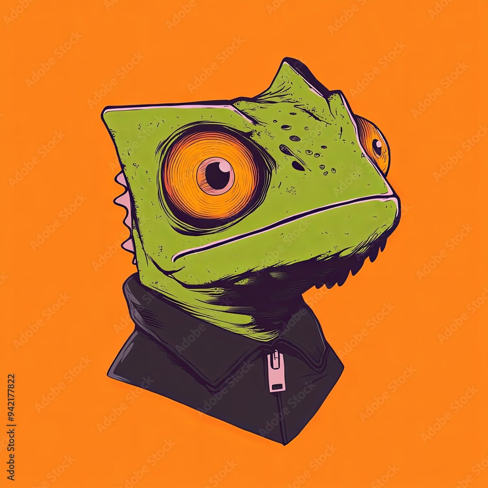Poster chameleon head vector mascot character of a cartoon-style bird with exaggerated features and a vibra
