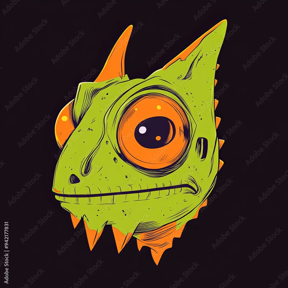 Poster chameleon head vector mascot character of a cartoon-style bird with exaggerated features and a vibra