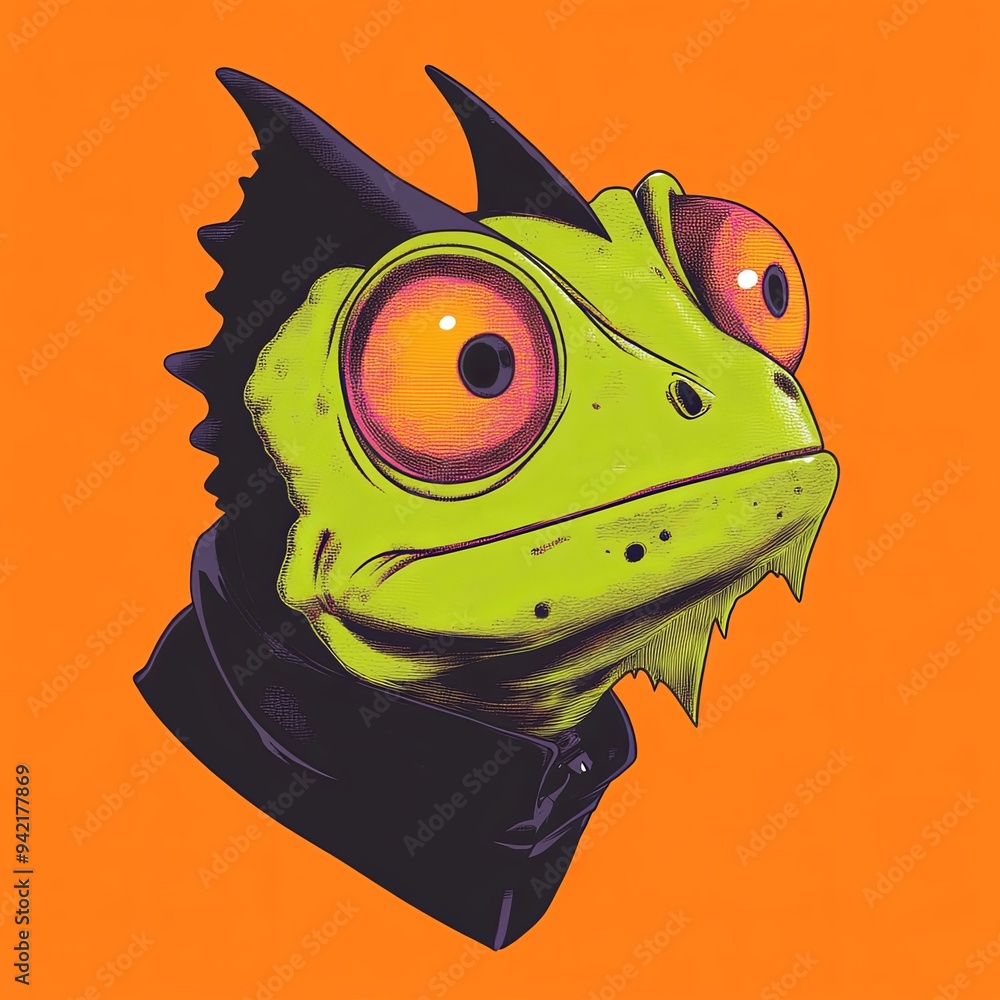 Poster chameleon head vector mascot character of a cartoon-style bird with exaggerated features and a vibra