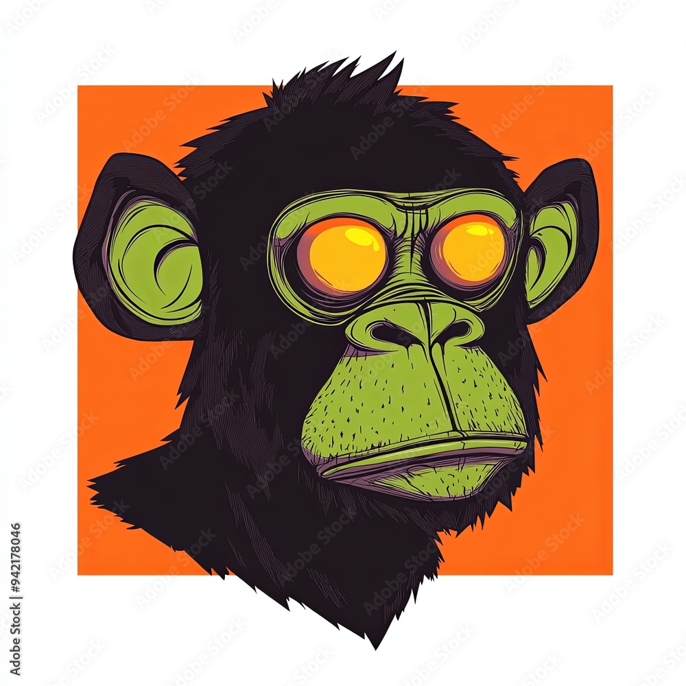 Poster chimpanzee character vector mascot character of a cartoon-style bird with exaggerated features and a