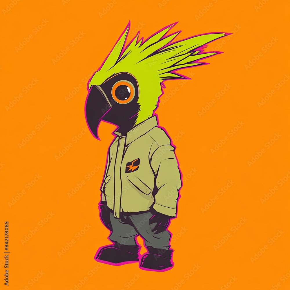 Poster cockatoo character vector mascot character of a cartoon-style bird with exaggerated features and a v