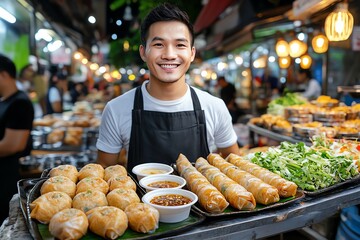 A vibrant street food scene featuring a vendor selling freshly made spring rolls, with dipping sauces and fresh herbs, at an outdoor market