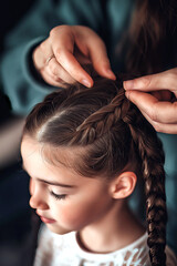 Naklejka premium Child getting their hair braided by a parent or guardian, with a warm, loving atmosphere at homeю