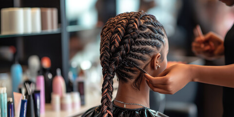 Hair stylist braiding a client's hair in a salon, with various braiding tools and accessories on the counter.