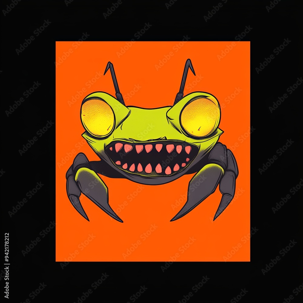 Poster crab head vector mascot character of a cartoon-style bird with exaggerated features and a vibrant