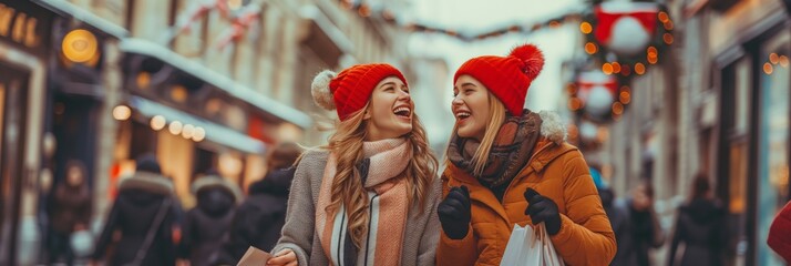 Obraz premium Amid a bustling winter market, two young women enjoy the holiday cheer, embracing the festive spirit. They laugh, shop, and stroll through the lively scene filled with decorations