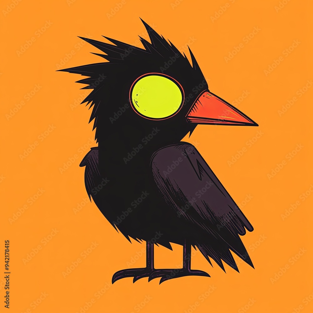 Poster crow character vector mascot character of a cartoon-style bird with exaggerated features and a vibra
