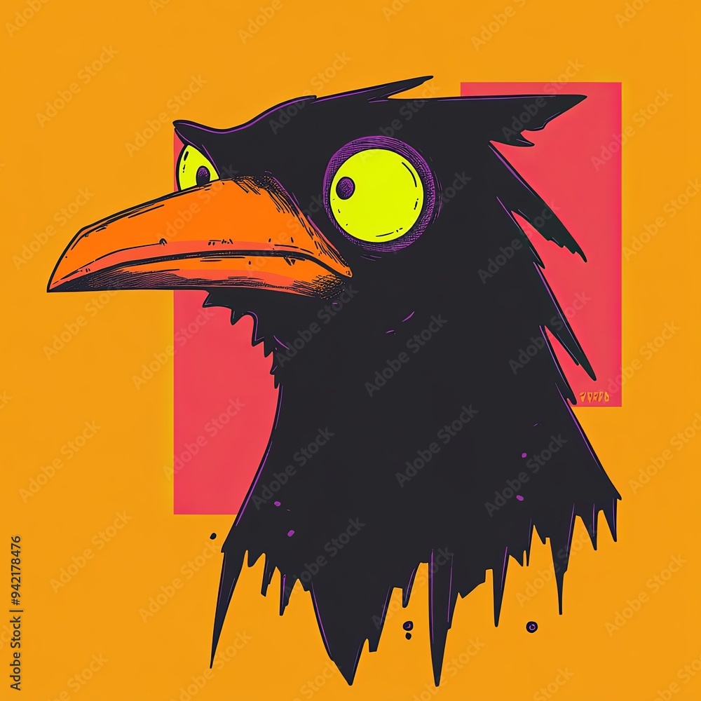 Poster crow head vector mascot character of a cartoon-style bird with exaggerated features and a vibrant