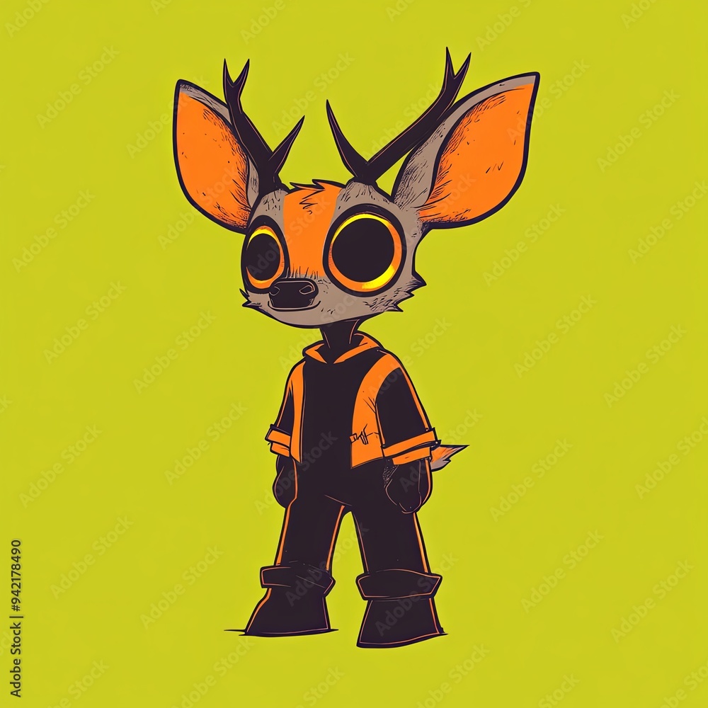 Poster deer character vector mascot character of a cartoon-style bird with exaggerated features and a vibra