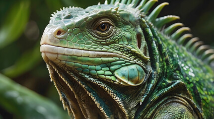 Fototapeta premium Closeup of cute green Iguana lizard, reptile, animals and wildlife in nature background 