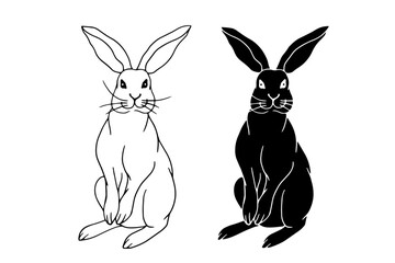 Set of linear sketches, silhouettes, doodles of hare, rabbit. Vector graphics.