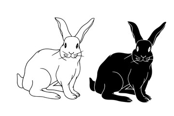 Set of linear sketches, silhouettes, doodles of hare, rabbit. Vector graphics.