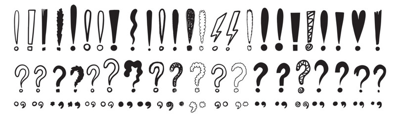 Doodle exclamation marks, question marks. Punctuation drawing black marks, Hand drawn exclamation point