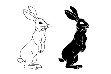 Set of linear sketches, silhouettes, doodles of hare, rabbit. Vector graphics.