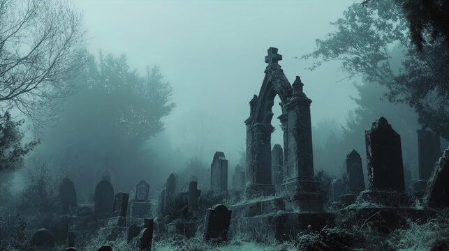 An eerie and atmospheric graveyard scene enveloped in dense fog. The headstones and monuments, some of which are tall and ornate with crosses, stand in various states of weathering and decay. The thic