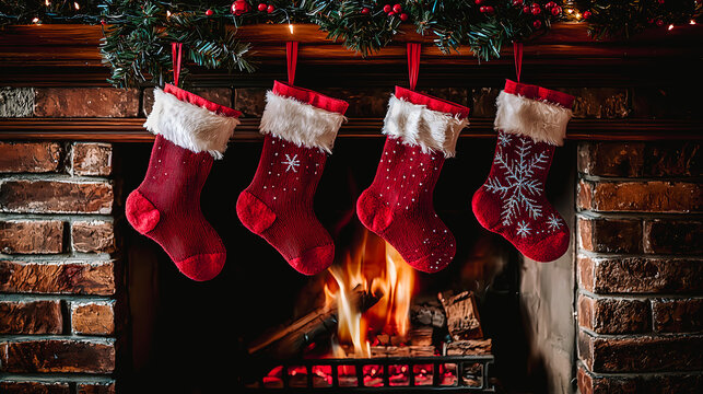 Chaussettes de No&euml;l suspendues devant le feu de chemin&eacute;e