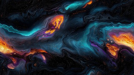 Fototapeta premium A painting of swirling blues, oranges, and purples on a black canvas with yellow and red accents