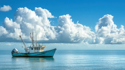 Obraz premium Fishing boat anchored peacefully on calm waters under fluffy clouds