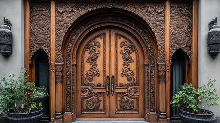 Intricately carved wooden double doors with an arched frame and ornate details.