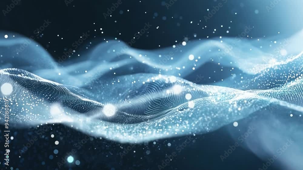 Poster floating blue waves shimmer with sparkling particles, creating a mesmerizing and tranquil atmosphere