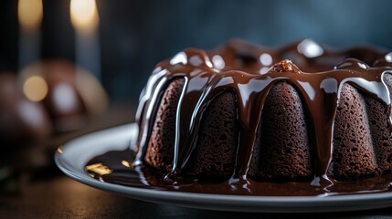 Decadent chocolate bundt cake with rich glaze on a dark table setting
