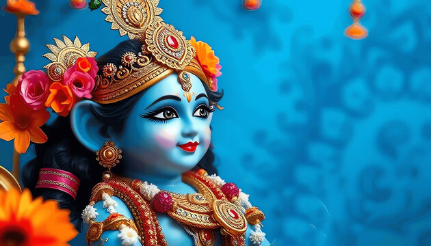 Closeup portrait of Hindu god Lord Krishna with blue skin and beautiful jewelry. Krishna Janmashtami, Govardhan Puja, Vishu Kani. Indian religious festival. Banner, poster, card with copy space