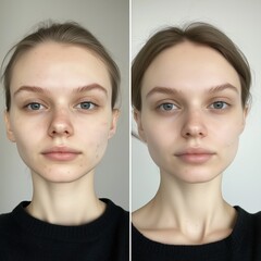 Before and after images of a model showcasing the effects of skincare treatment with creme and lotion.