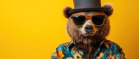 Fototapeta premium Bear in sunglasses and top hat, wearing a Hawaiian shirt, set against a bright yellow background