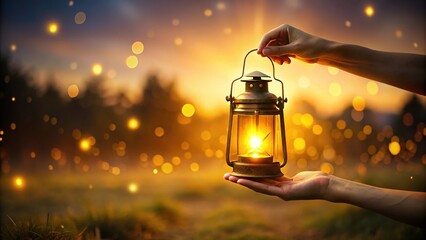 Warm golden light emanates from a glowing lantern cradled in a gentle hand, casting a soothing ambiance on a serene, darkened background.