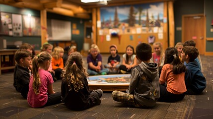 A group of children sitting in a circle, engaging in an activity indoors.