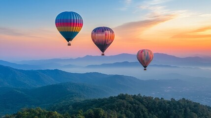 Fototapeta premium Overlooking a peak at Dot Inthanon in Chiang Mai, Thailand, are colorful hot air balloon flights.
