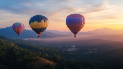 Fototapeta premium Overlooking a peak at Dot Inthanon in Chiang Mai, Thailand, are colorful hot air balloon flights.