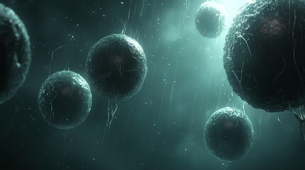   A group of spheres float against a deep blue backdrop as water droplets cascade from them