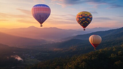 Obraz premium Overlooking a peak at Dot Inthanon in Chiang Mai, Thailand, are colorful hot air balloon flights.