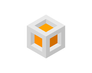 Cube logo, geometric vector design. Box logotype company, trendy tech emblem in pixel style.