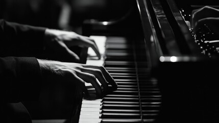 A close-up view of hands playing a piano in black and white. The image captures the elegance of music creation. Ideal for music enthusiasts and artistic expressions. AI