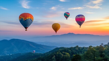 Fototapeta premium Overlooking a peak at Dot Inthanon in Chiang Mai, Thailand, are colorful hot air balloon flights.