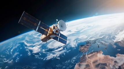 Obraz premium A high-resolution image of a satellite orbiting Earth, showcasing advanced space technology and global communication. The satellite's solar panels and Earth’s curvature are visible.
