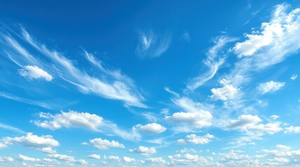 Fototapeta premium A clear blue sky dotted with fluffy white clouds and a handful of birds gliding above a lush green field