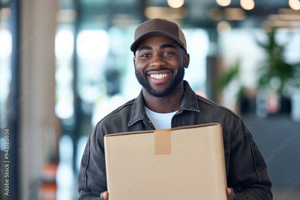 Poster a portrait of a smiling delivery man in a modern office, holding a cardboard box. the workspace is f