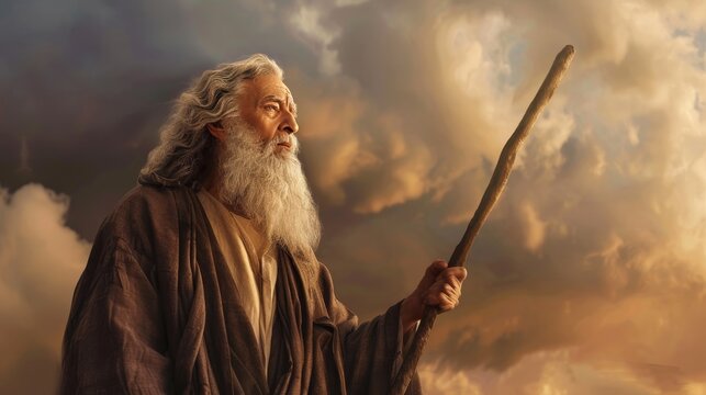 Moses calling to god with staff in realistic depiction, reaching up to the heavens in powerful scene